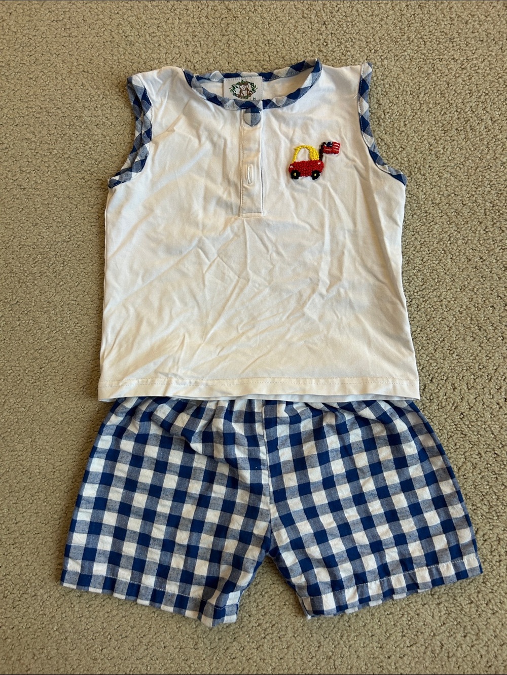 Kids White & Blue Gingham Short Set with Car Embroidery